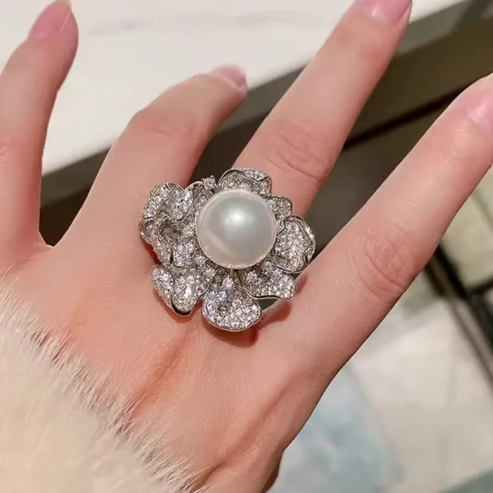 Luxe Pearl Blossom Ring | Statement Diamond Flower Design